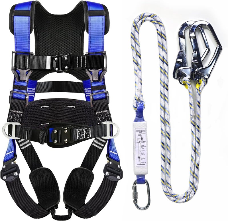 Whitedew Fall Protection Premium Safety Harness with Shock Absorbing Lanyard, Vented & Padded Shoulder, Legs & Back - Upgrade 4 Quick Buckles (Blue) - Image 1